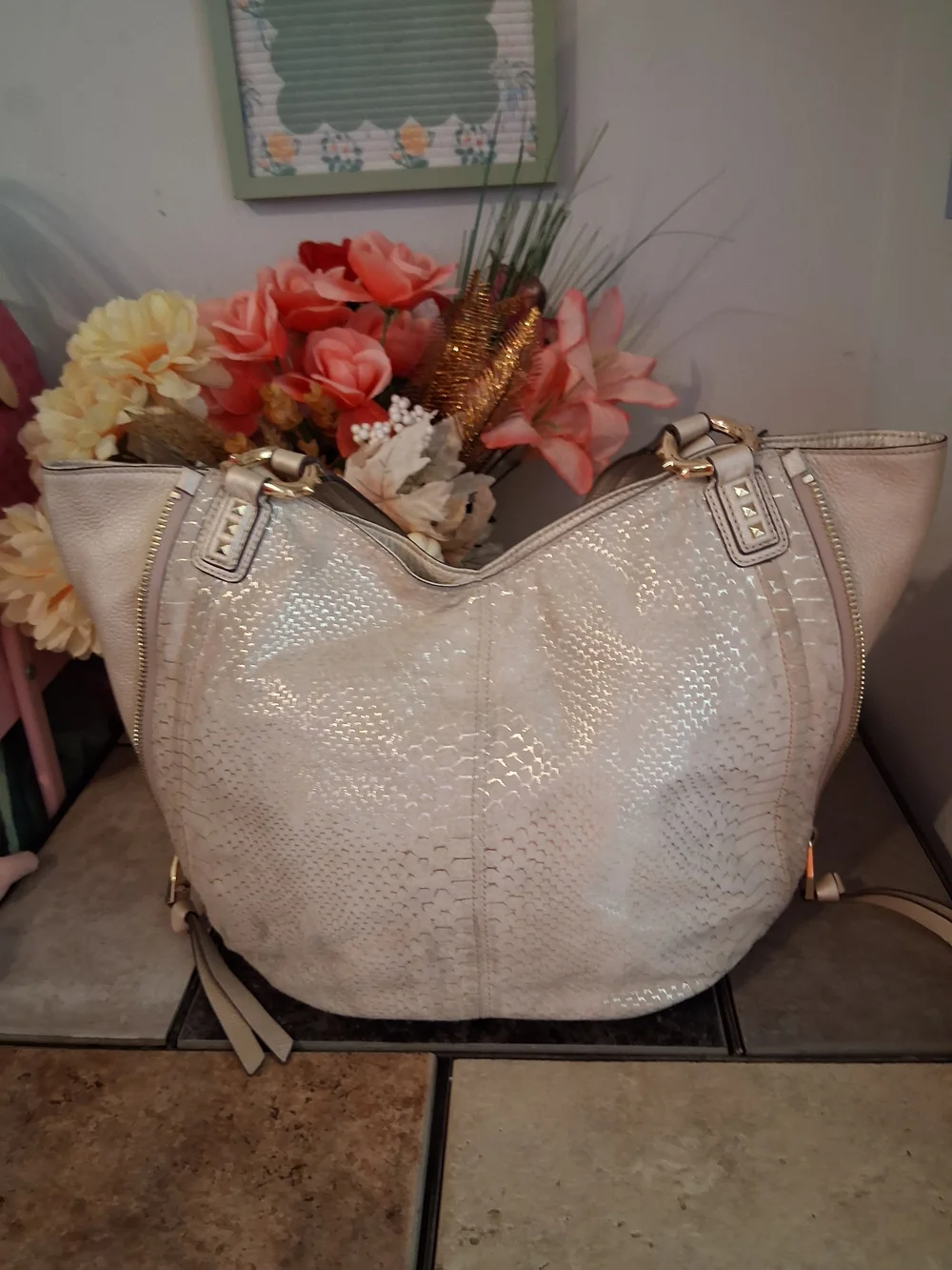 Aimee Kestenberg Cream Textured Hobo Bag with Gold Hardware